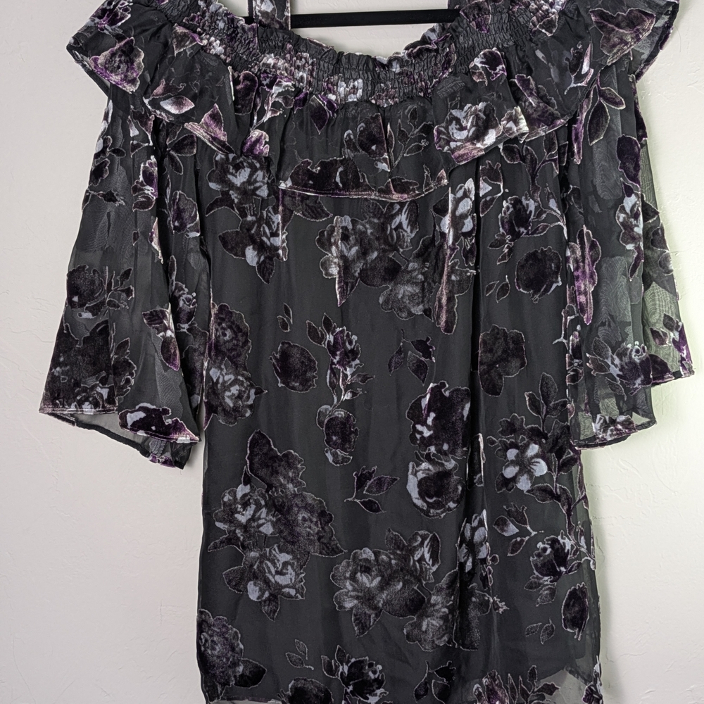 Velvet Floral Burnout In Plum/Purple Cold-Shoulder Top Grunge Fairy Feminine
